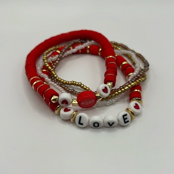 5PC Red and Gold Love Letter Faux Pearl Bracelet Stack - Picture 1 of 4
